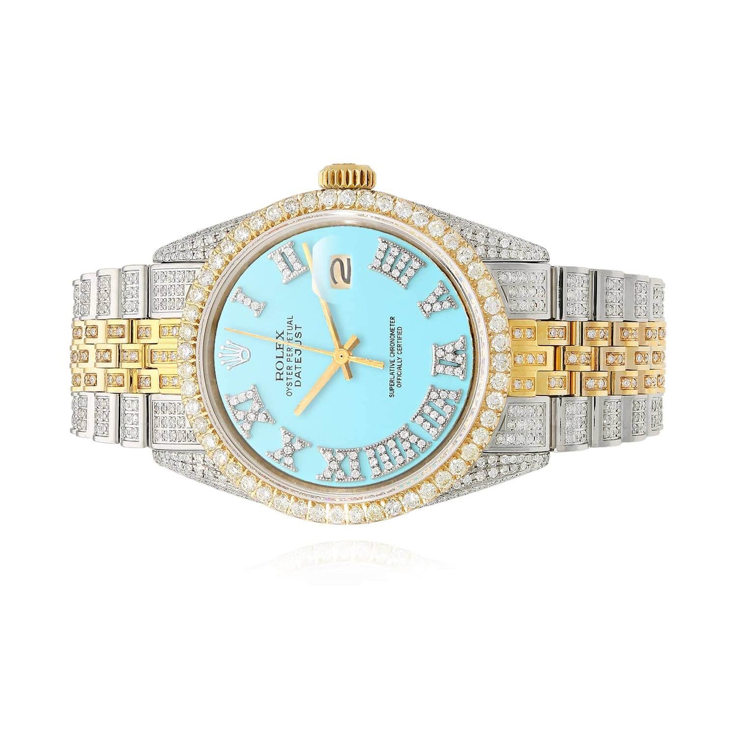 Rolex Datejust Custom Iced Turquoise Roman Diamond Dial Jubilee Band 36mm Watch