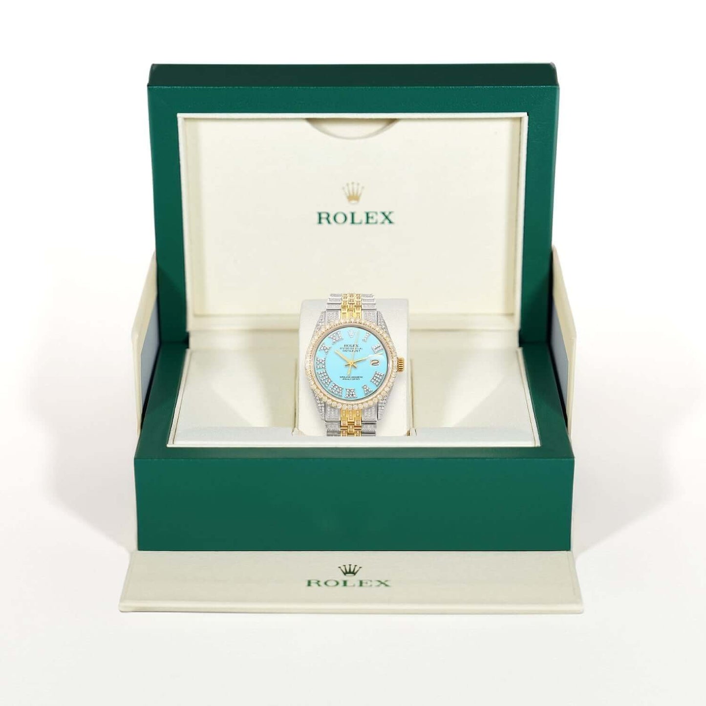 Rolex Datejust Custom Iced Turquoise Roman Diamond Dial Jubilee Band 36mm Watch