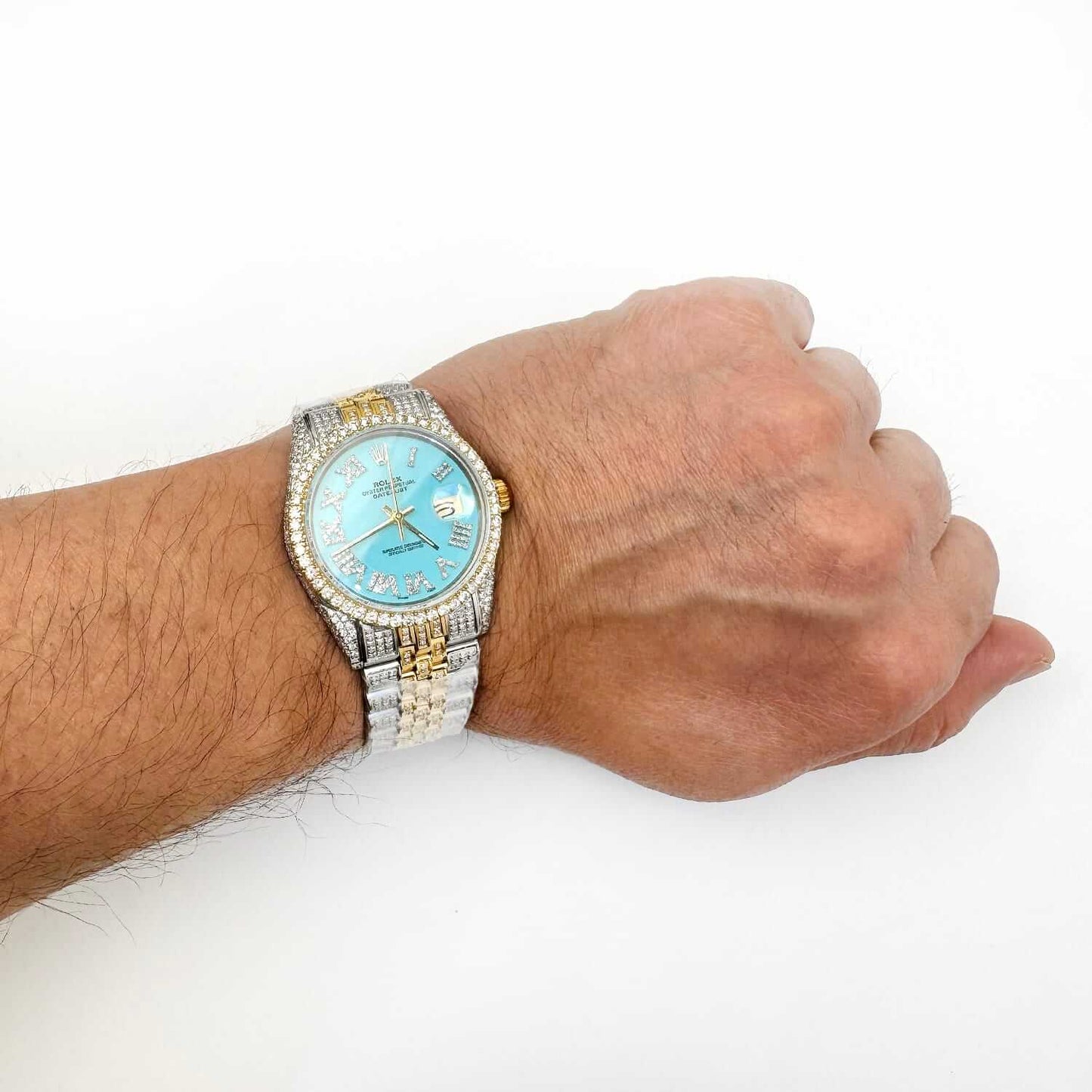 Rolex Datejust Custom Iced Turquoise Roman Diamond Dial Jubilee Band 36mm Watch