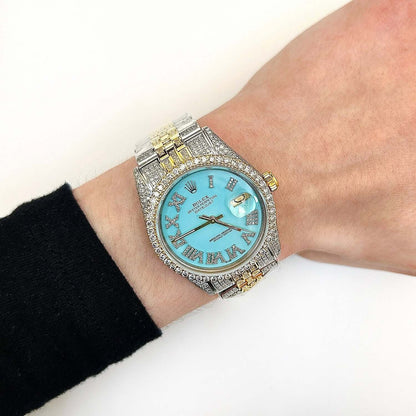 Rolex Datejust Custom Iced Turquoise Roman Diamond Dial Jubilee Band 36mm Watch