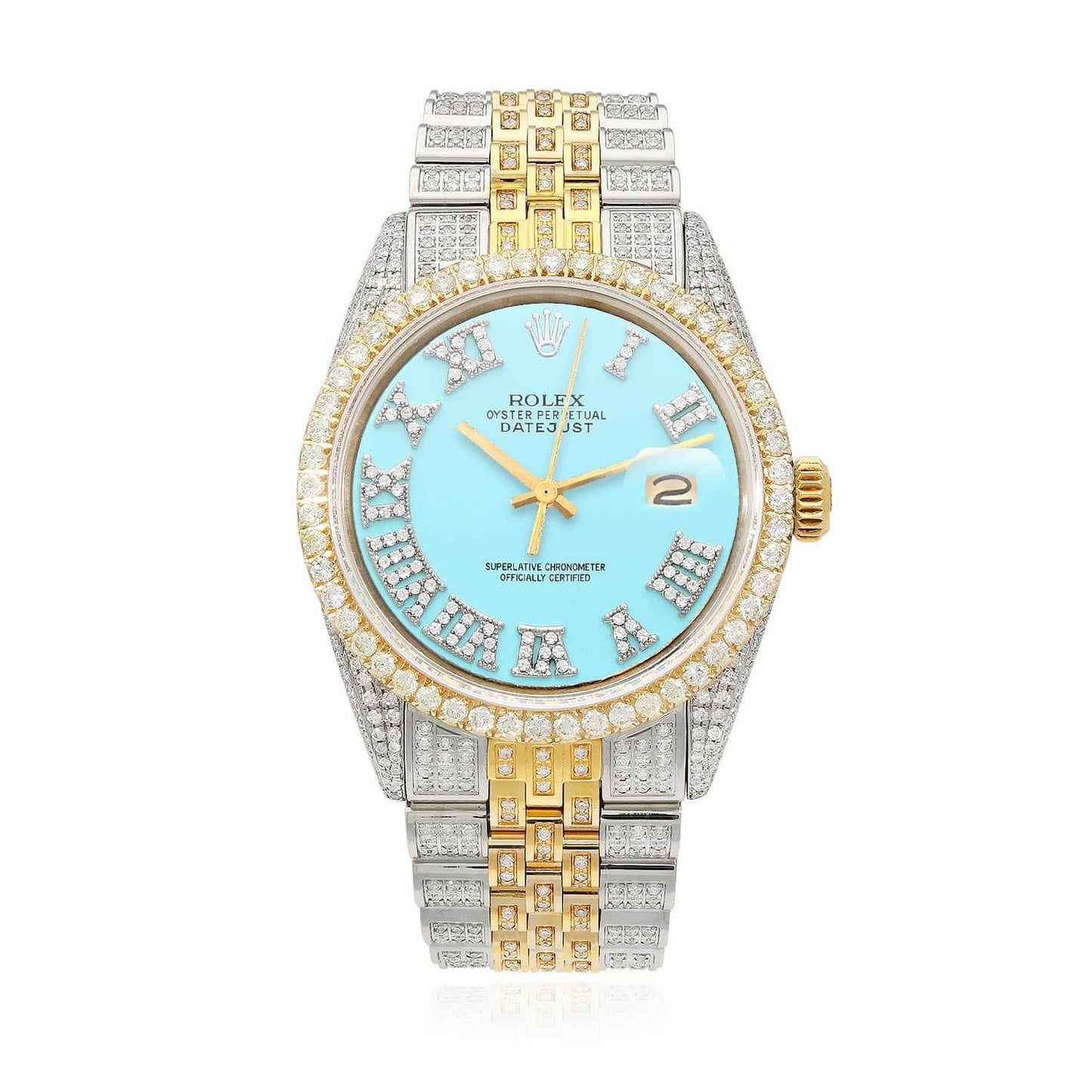 Rolex Datejust Custom Iced Turquoise Roman Diamond Dial Jubilee Band 36mm Watch