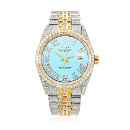 Rolex Datejust Custom Iced Turquoise Roman Diamond Dial Jubilee Band 36mm Watch