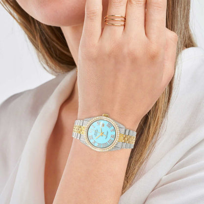 Rolex Datejust Custom Iced Turquoise Roman Diamond Dial Jubilee Band 36mm Watch
