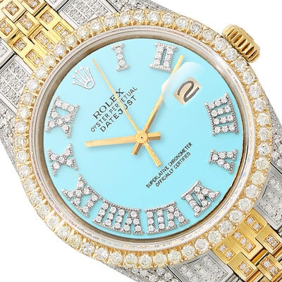 Rolex Datejust Custom Iced Turquoise Roman Diamond Dial Jubilee Band 36mm Watch