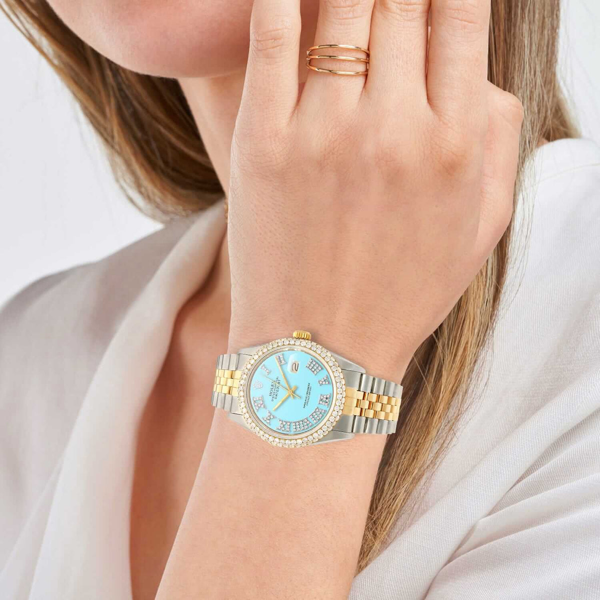 Rolex Datejust Jubilee Band Custom Diamond Bezel Turquoise Dial 36mm Watch - WJD Exclusives