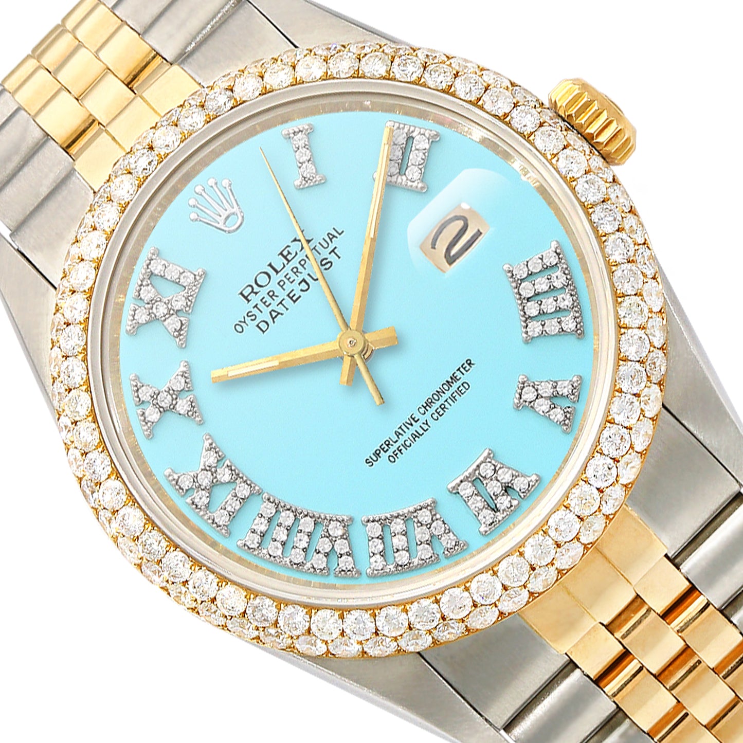 36mm Rolex Datejust Jubilee Band Custom Diamond Bezel Turquoise Dial Watch