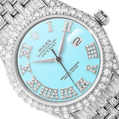 Rolex Datejust 9.5Ct Diamond Jubilee Band Bezel Turquoise Blue Dial 36mm Watch