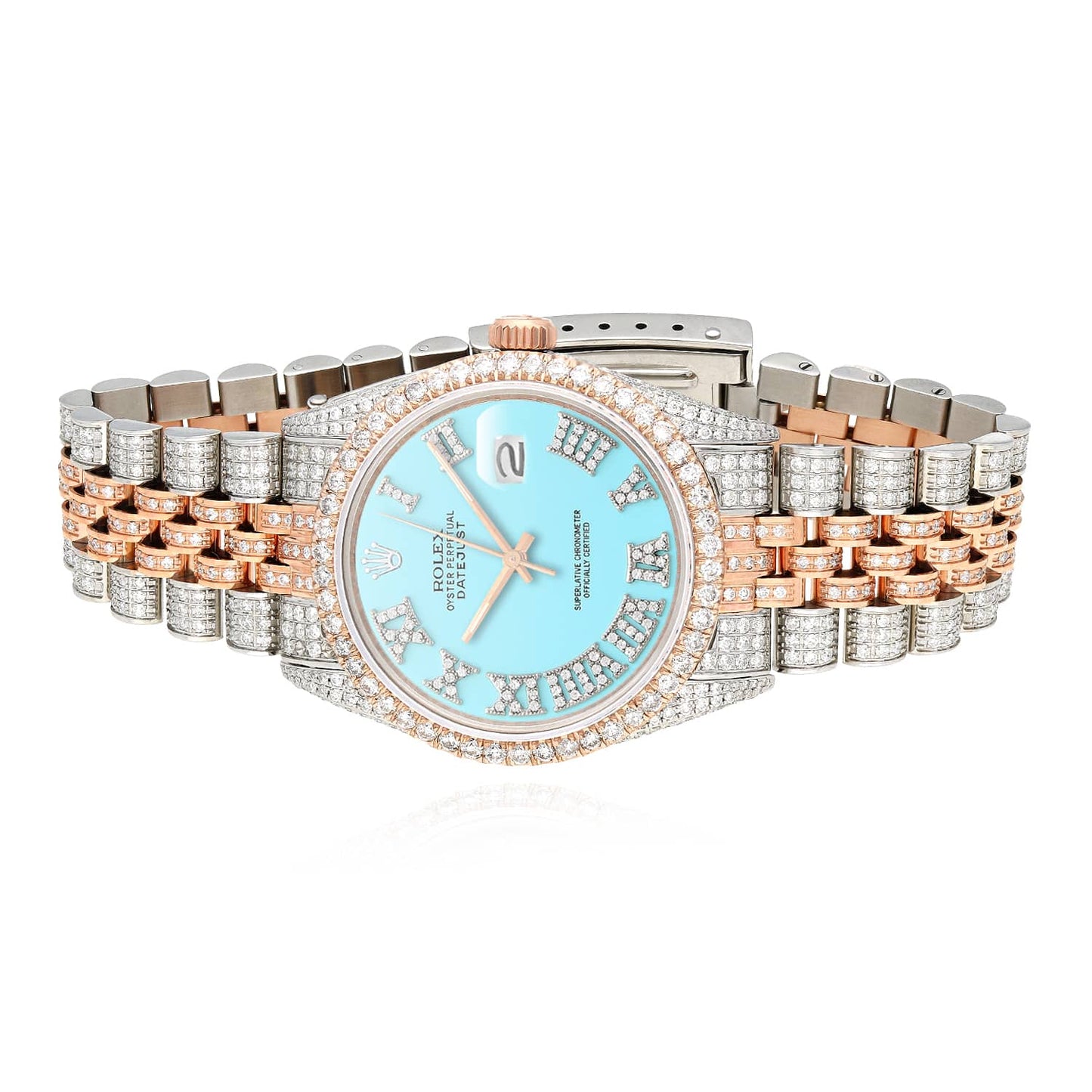 Rolex Datejust Real Diamond Stainless Steel White Rose Turquoise Watch 36mm