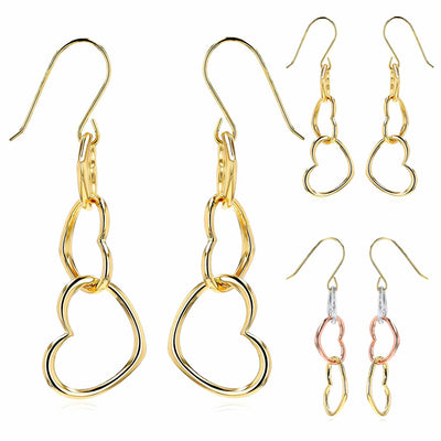 14K Gold & Tri - Color White Rose Triple Heart Earrings 45mm - WJD Exclusives