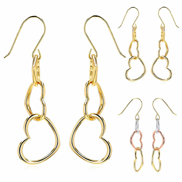 14K Gold & Tri - Color White Rose Triple Heart Earrings 45mm - WJD Exclusives