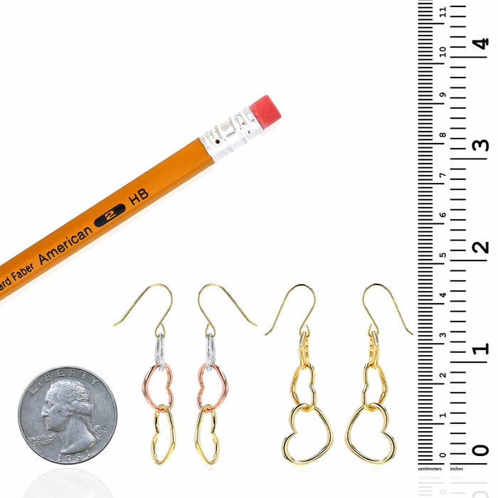 14K Gold & Tri - Color White Rose Triple Heart Earrings 45mm - WJD Exclusives