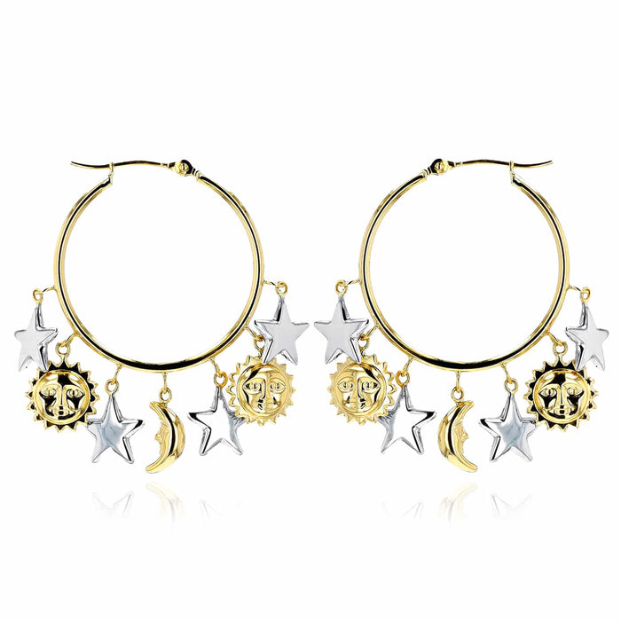 14K Gold Yellow White Dangling Sun & Star Hoop Earrings 32mm - WJD Exclusives