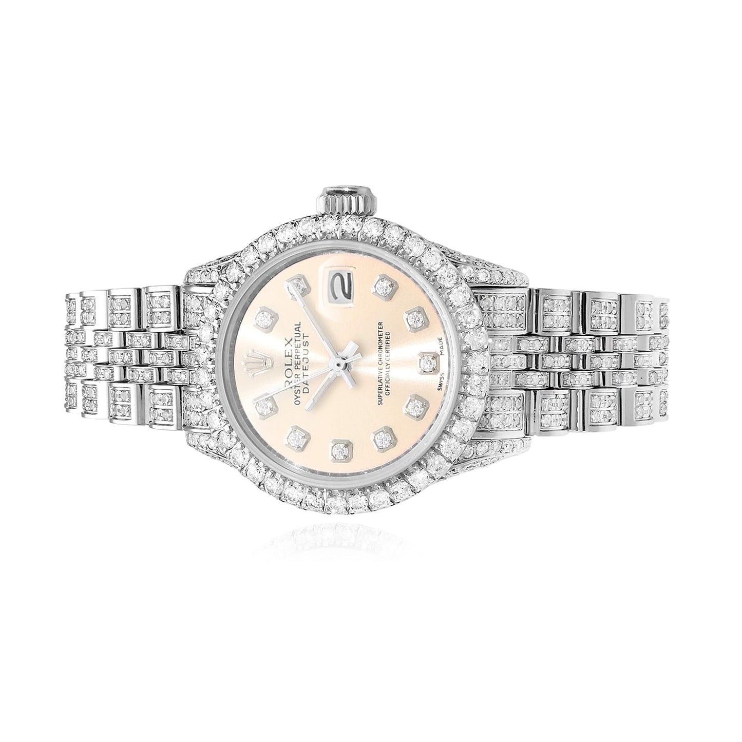 Rolex Datejust Custom Pave Jubilee Band Diamond Bezel Cream Dial 26mm Watch