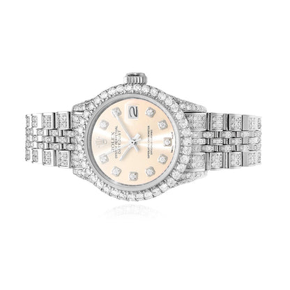 Rolex Datejust Custom Pave Jubilee Band Diamond Bezel Cream Dial 26mm Watch