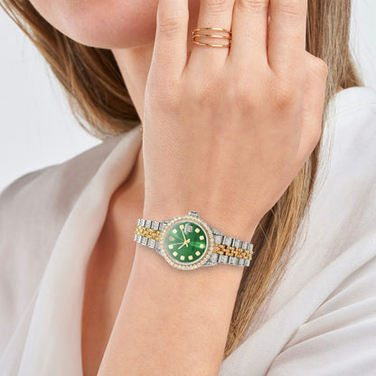 Rolex Datejust Diamond Pave Jubilee Diamond Dial Bezel Green Emerald 26mm Watch