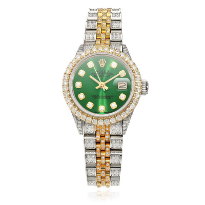 Rolex Datejust 69173 Diamond Pave Jubilee Diamond Dial Bezel Green Emerald 26mm Watch - WJD Exclusives
