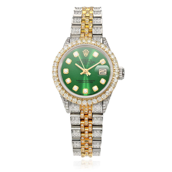 Rolex Datejust 69173 Diamond Pave Jubilee Diamond Dial Bezel Green Emerald 26mm Watch - WJD Exclusives