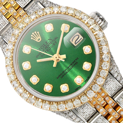 Rolex Datejust 69173 Diamond Pave Jubilee Diamond Dial Bezel Green Emerald 26mm Watch