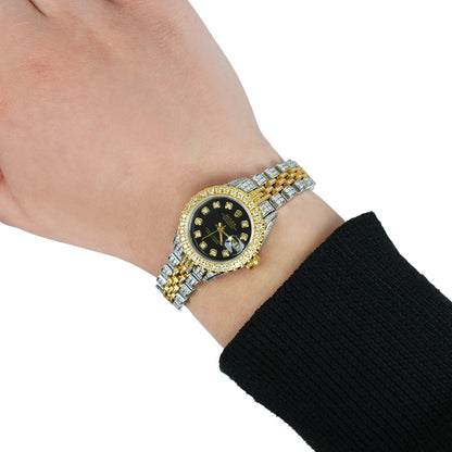 Rolex Datejust 69173 Diamond Jubilee Band Diamond Dial Bezel Black Onyx 26mm Watch