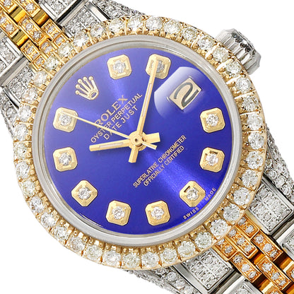 26mm Rolex Datejust 69173 Diamond 18K Gold Bezel Jubilee Band Blue Dial Watch