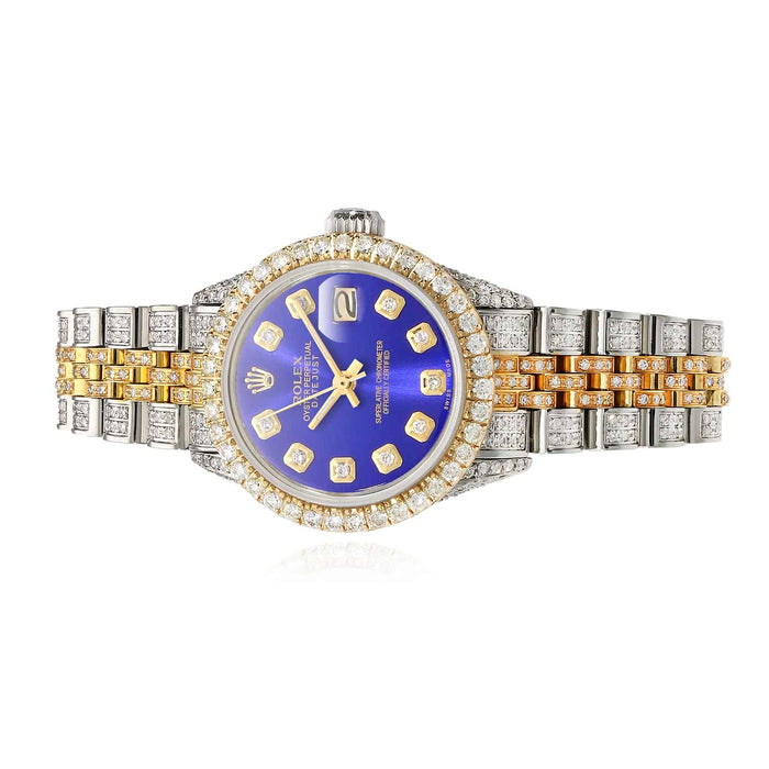Rolex Datejust 26mm 69173 Custom Diamond Jubilee Band Diamond Dial Bezel Blue Watch - WJD Exclusives