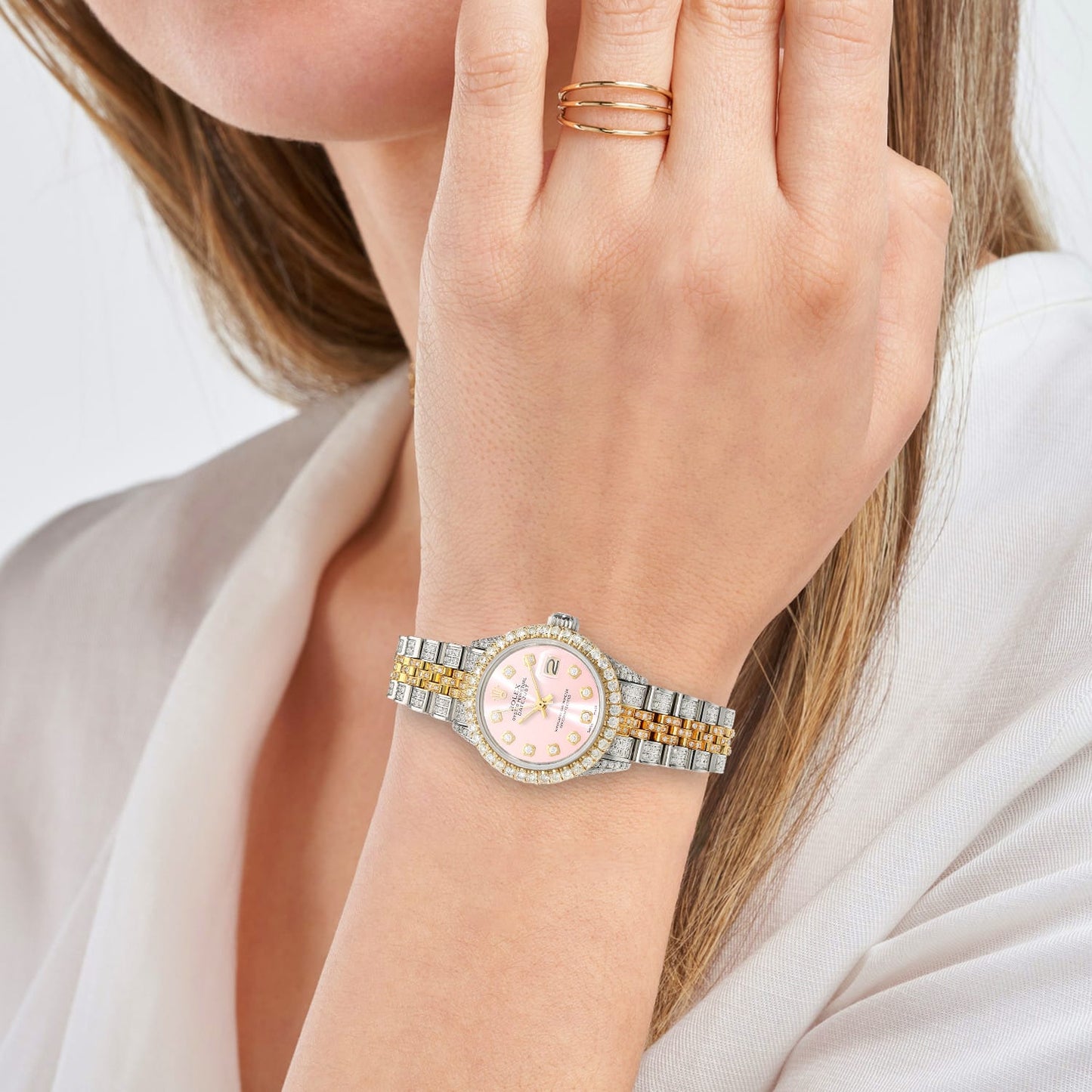 Rolex Datejust Custom Pave Jubilee Band Diamond Bezel Pink Dial 26mm Watch