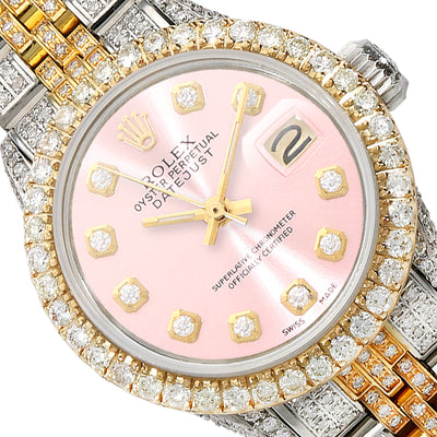 Rolex Datejust 69173 26mm Custom Pave Jubilee Band Diamond Bezel Pink Dial Watch