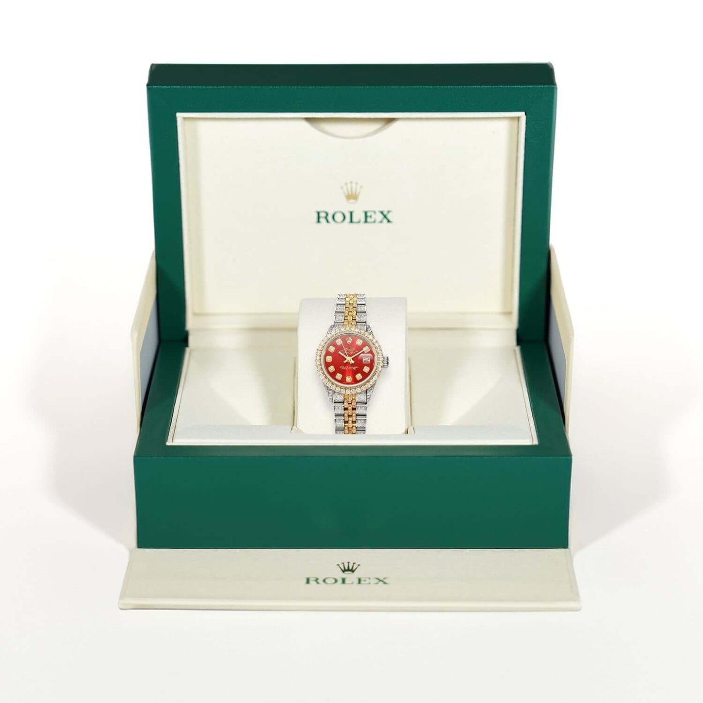 Rolex Datejust Custom Pave Jubilee Band Diamond Bezel Red Ruby Dial 26mm Watch