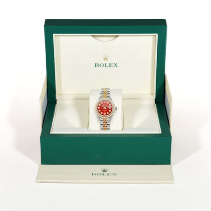 Rolex Datejust Custom Pave Jubilee Band Diamond Bezel Red Ruby Dial 26mm Watch