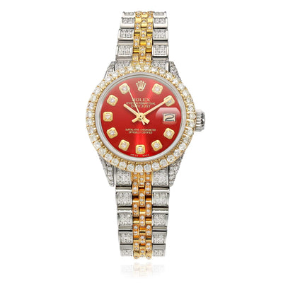 Rolex Datejust 26mm 69173 Custom Pave Jubilee Band Diamond Bezel Red Ruby Dial Watch - WJD Exclusives