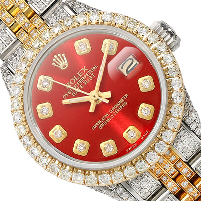 Rolex Datejust 26mm 69173 Custom Pave Jubilee Band Diamond Bezel Red Ruby Dial Watch