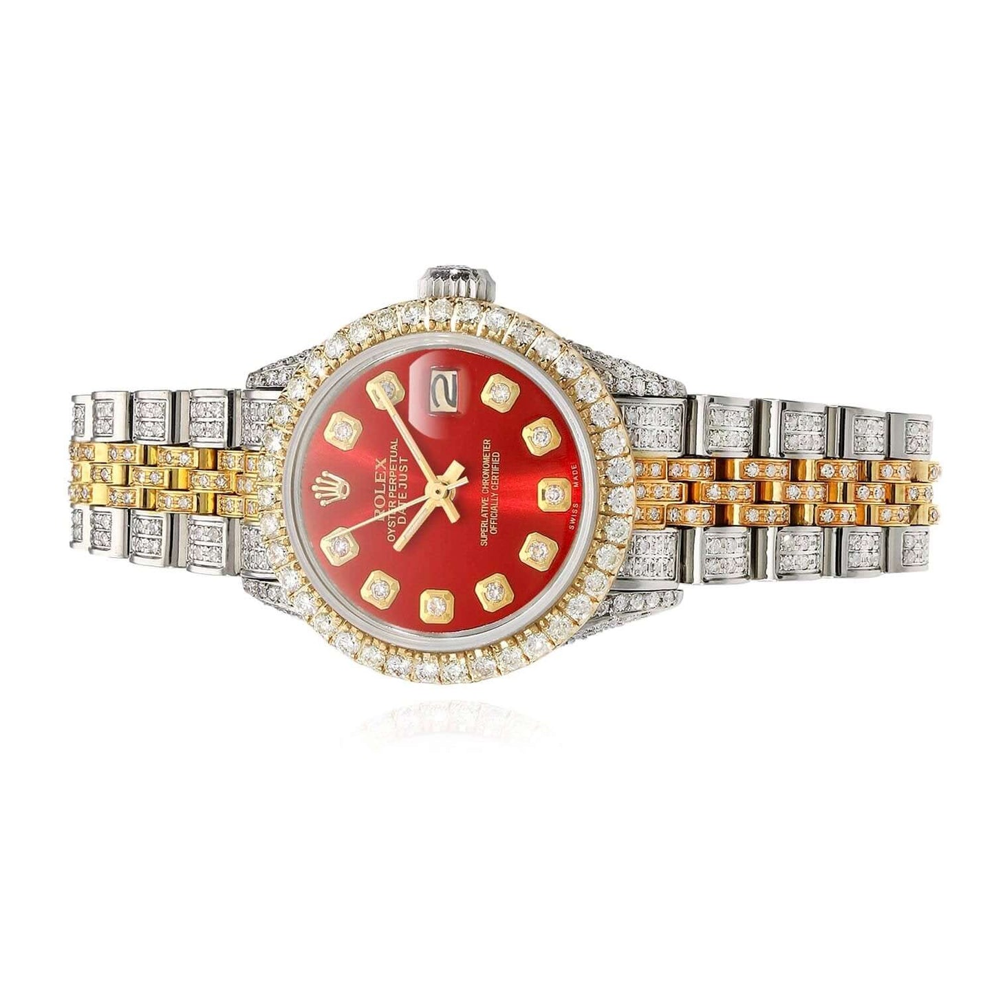 Rolex Datejust Custom Pave Jubilee Band Diamond Bezel Red Ruby Dial 26mm Watch