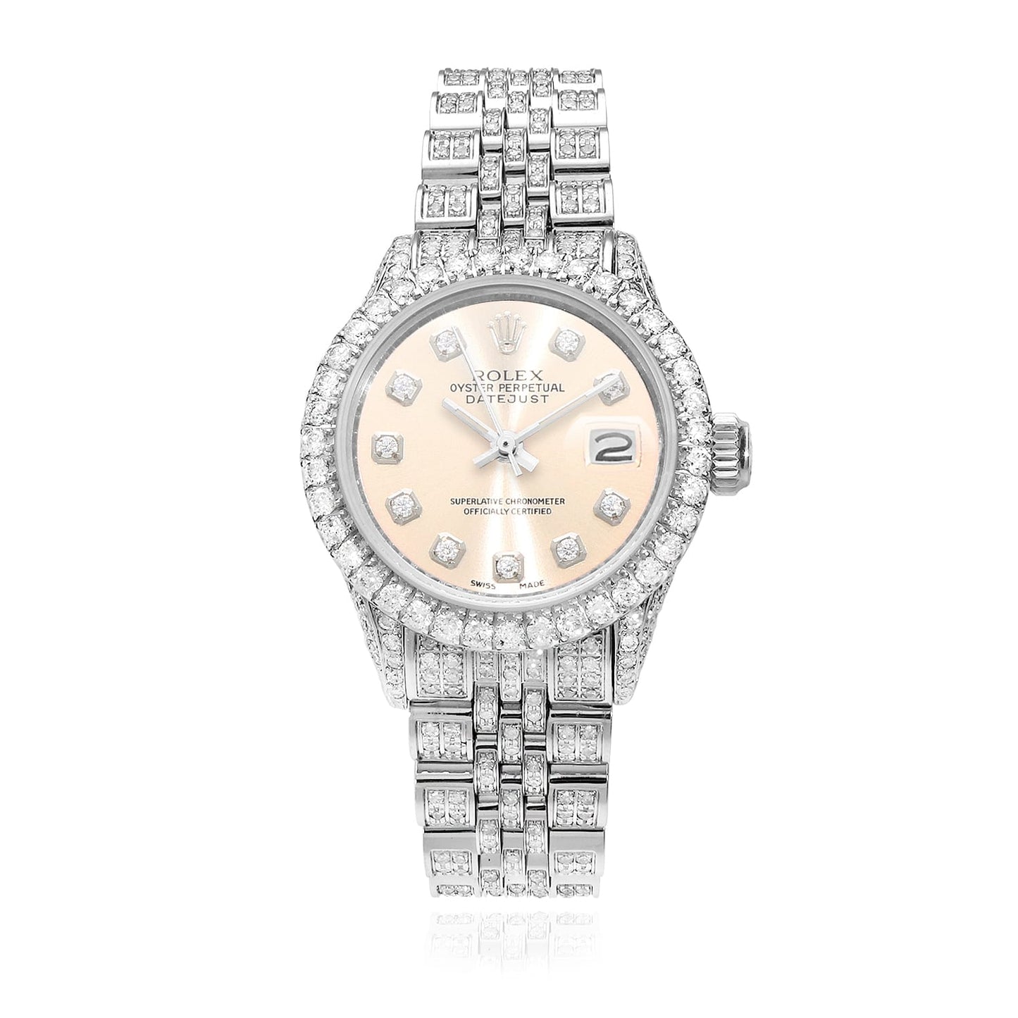 Rolex Datejust Custom Pave Jubilee Band Diamond Bezel Cream Dial 26mm Watch