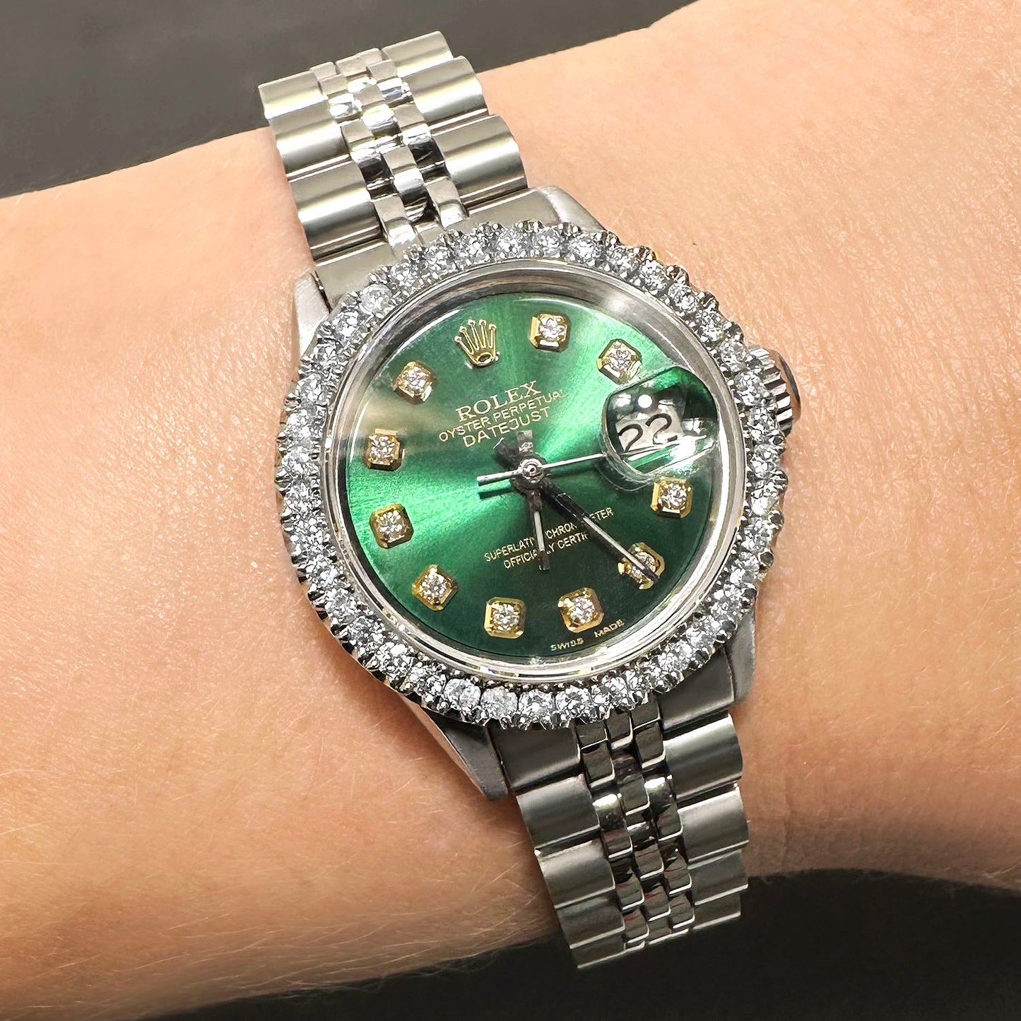 Rolex Datejust 26mm Pave Jubilee Band Diamond Bezel Green Emerald Dial Watch