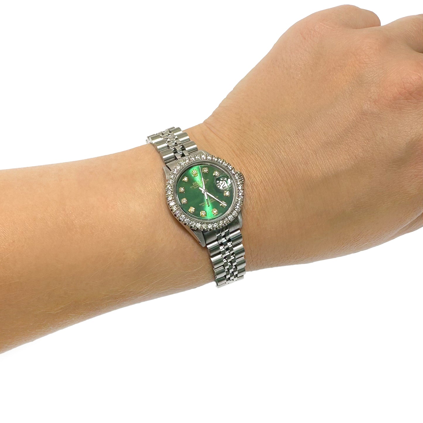 Rolex Datejust 26mm Pave Jubilee Band Diamond Bezel Green Emerald Dial Watch