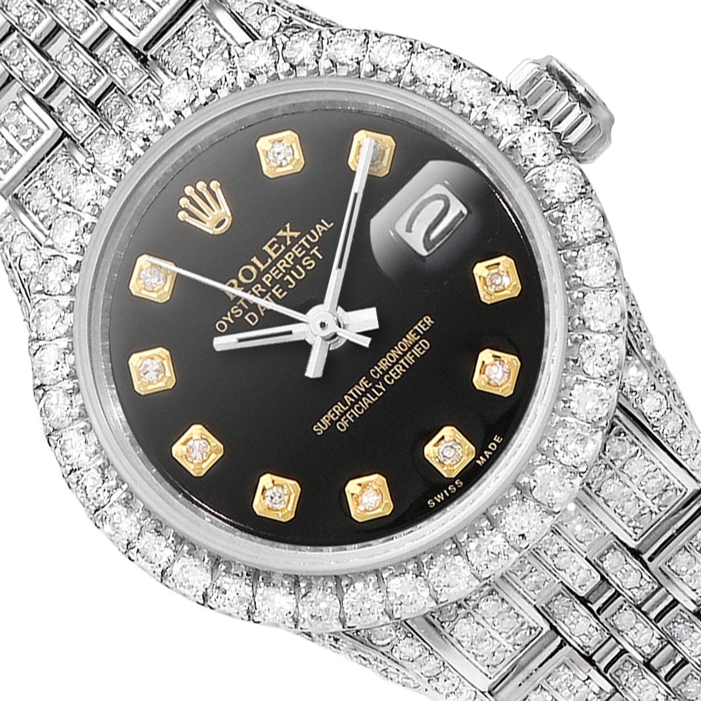 Rolex Datejust 26mm Pave Jubilee Band Diamond Dial Bezel Black Onyx Watch