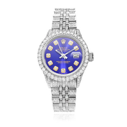 Rolex Datejust Diamond Pave Jubilee Band Diamond Bezel Blue Dial 26mm Watch
