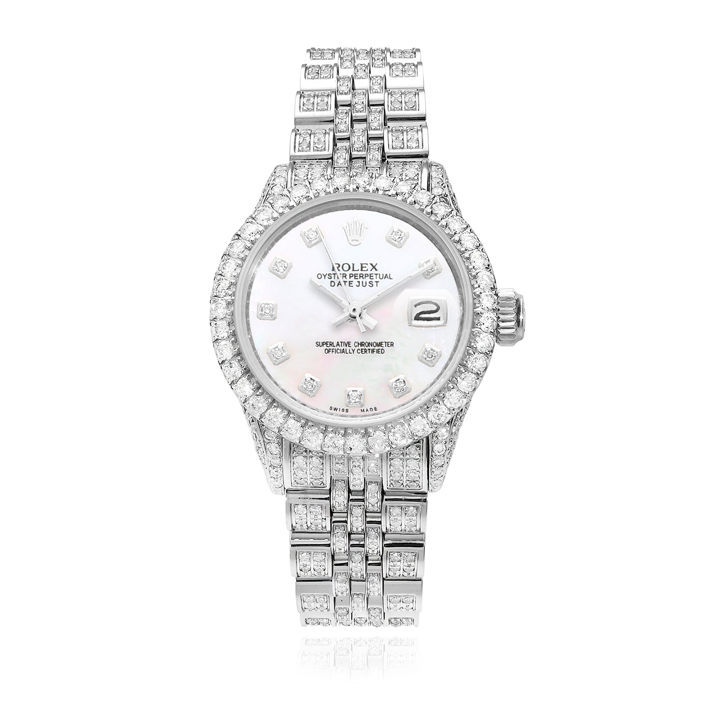 Rolex Datejust 26mm Diamond Pave Jubilee Band Diamond Bezel Pearl Dial Watch