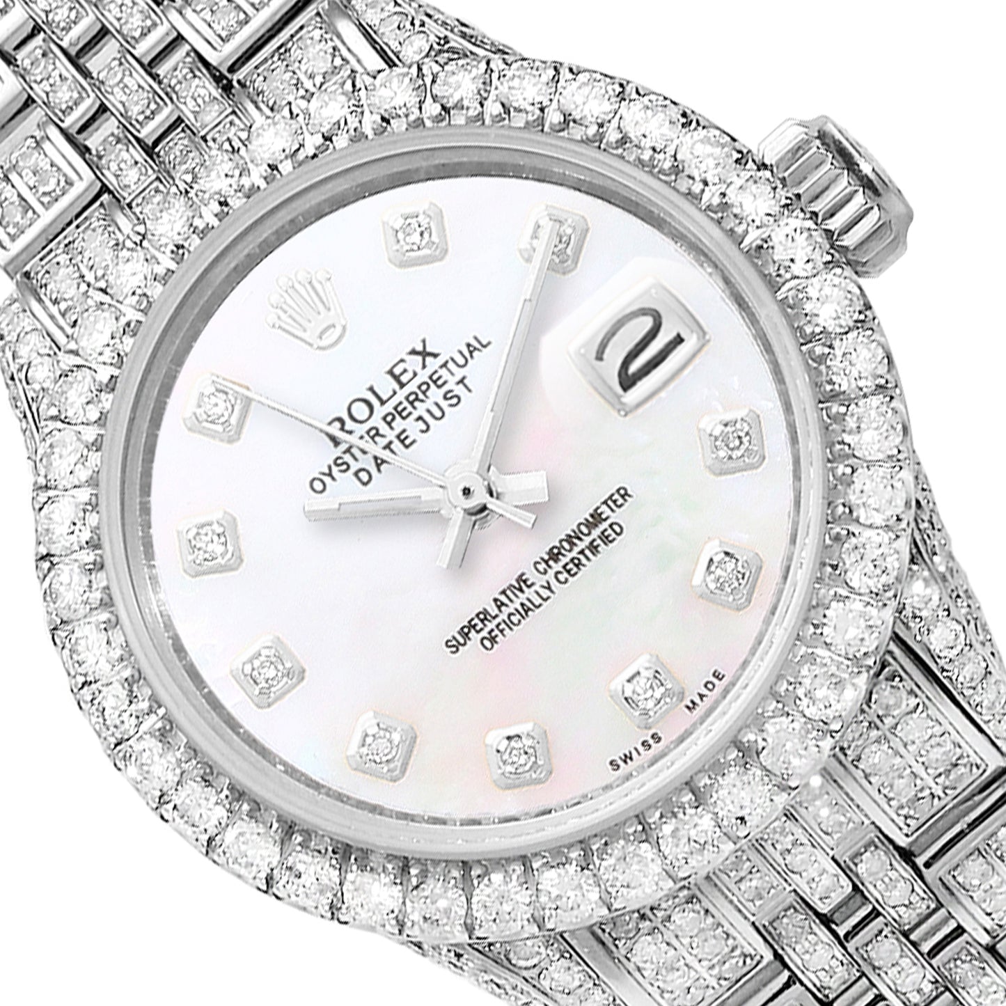 Rolex Datejust 26mm Diamond Pave Jubilee Band Diamond Bezel Pearl Dial Watch