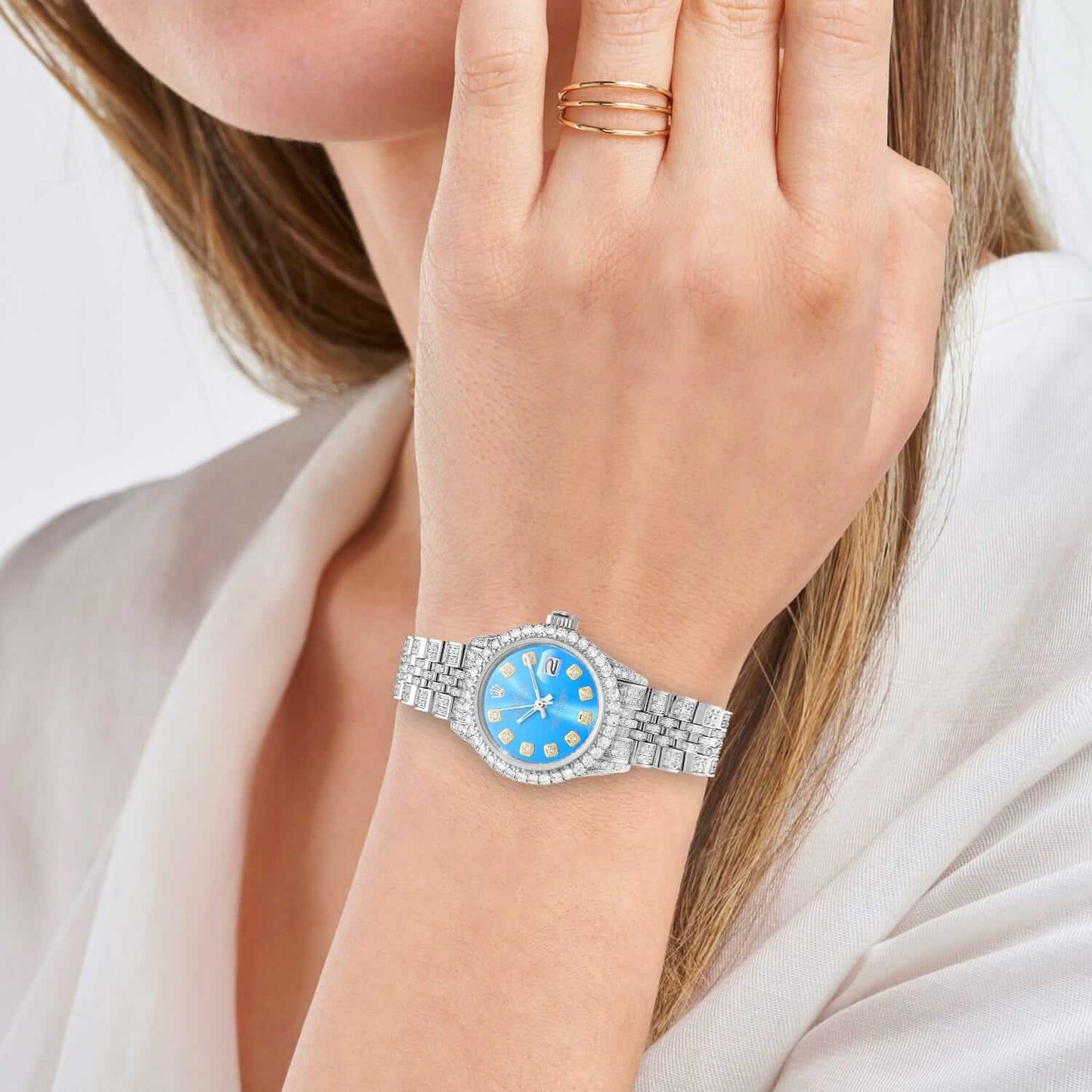 Rolex Datejust Diamond Pave Jubilee Band Diamond Bezel Sky Blue Dial 26mm Watch