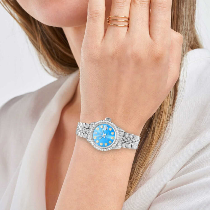 Rolex Datejust 26mm Diamond Pave Jubilee Band Diamond Bezel Sky Blue Dial Watch - WJD Exclusives