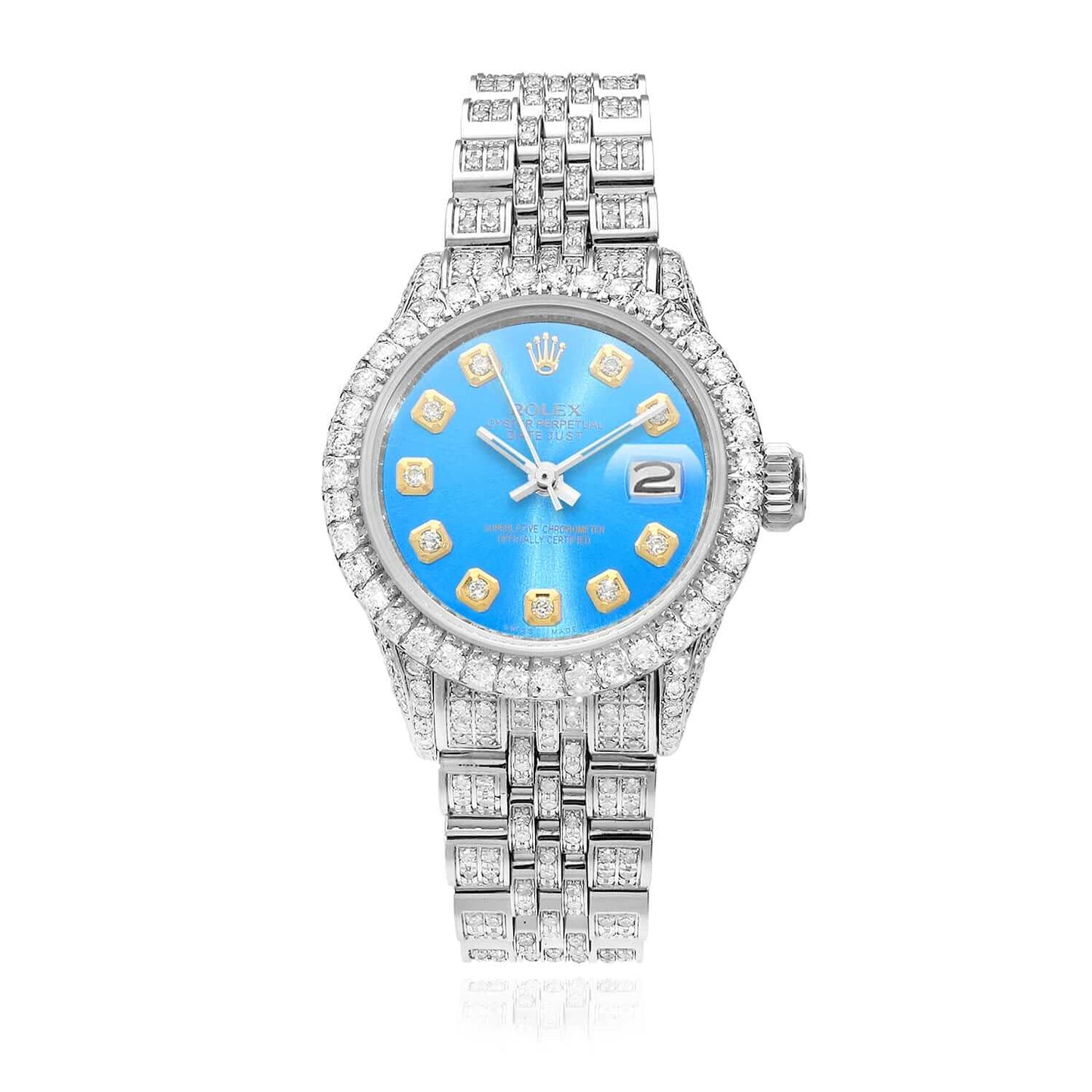 Rolex Datejust Diamond Pave Jubilee Band Diamond Bezel Sky Blue Dial 26mm Watch