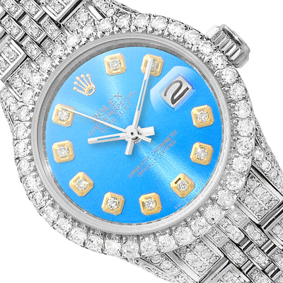 Rolex Datejust 26mm Diamond Pave Jubilee Band Diamond Bezel Sky Blue Dial Watch