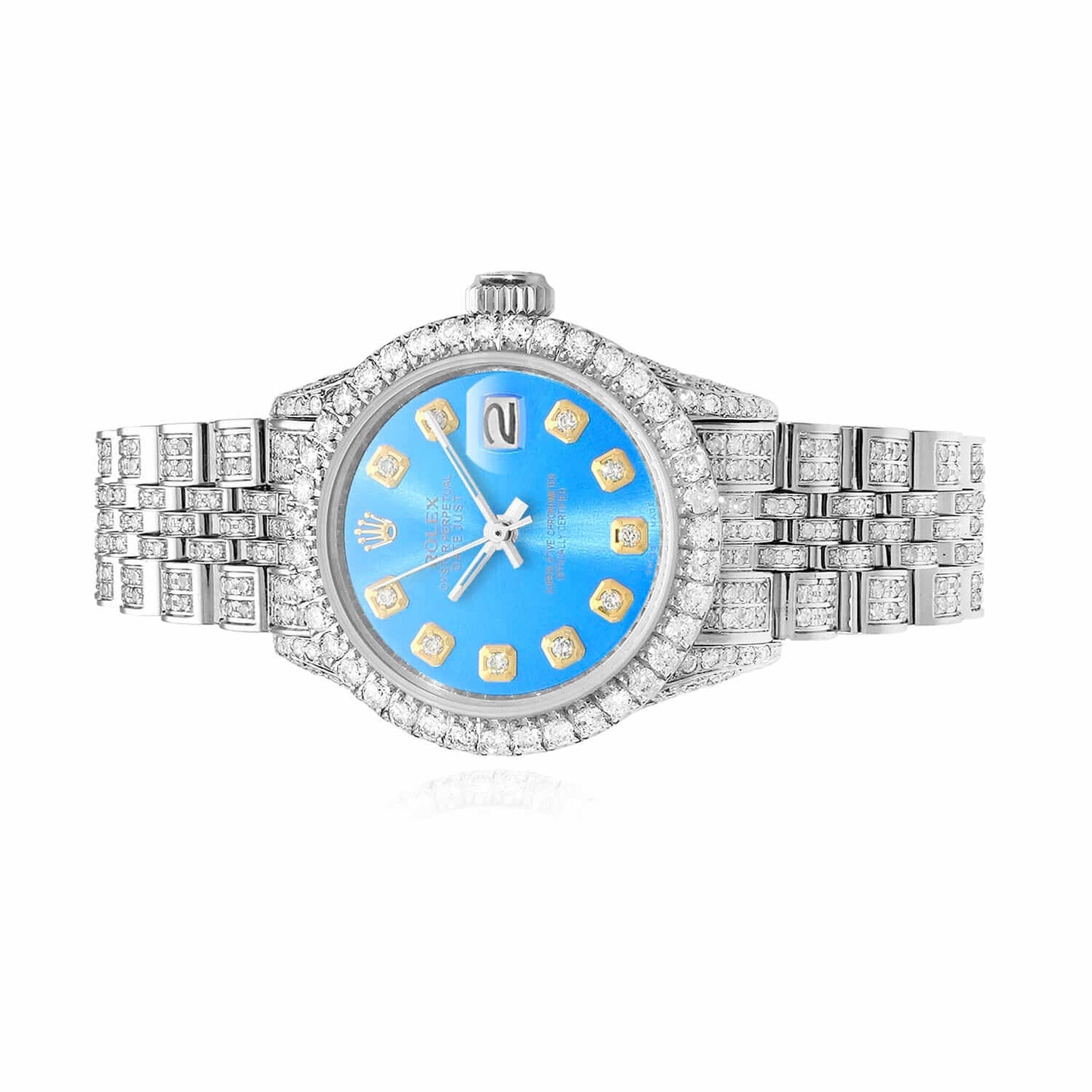 Rolex Datejust Diamond Pave Jubilee Band Diamond Bezel Sky Blue Dial 26mm Watch