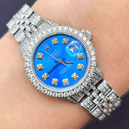 Rolex Datejust Diamond Pave Jubilee Band Diamond Bezel Sky Blue Dial 26mm Watch