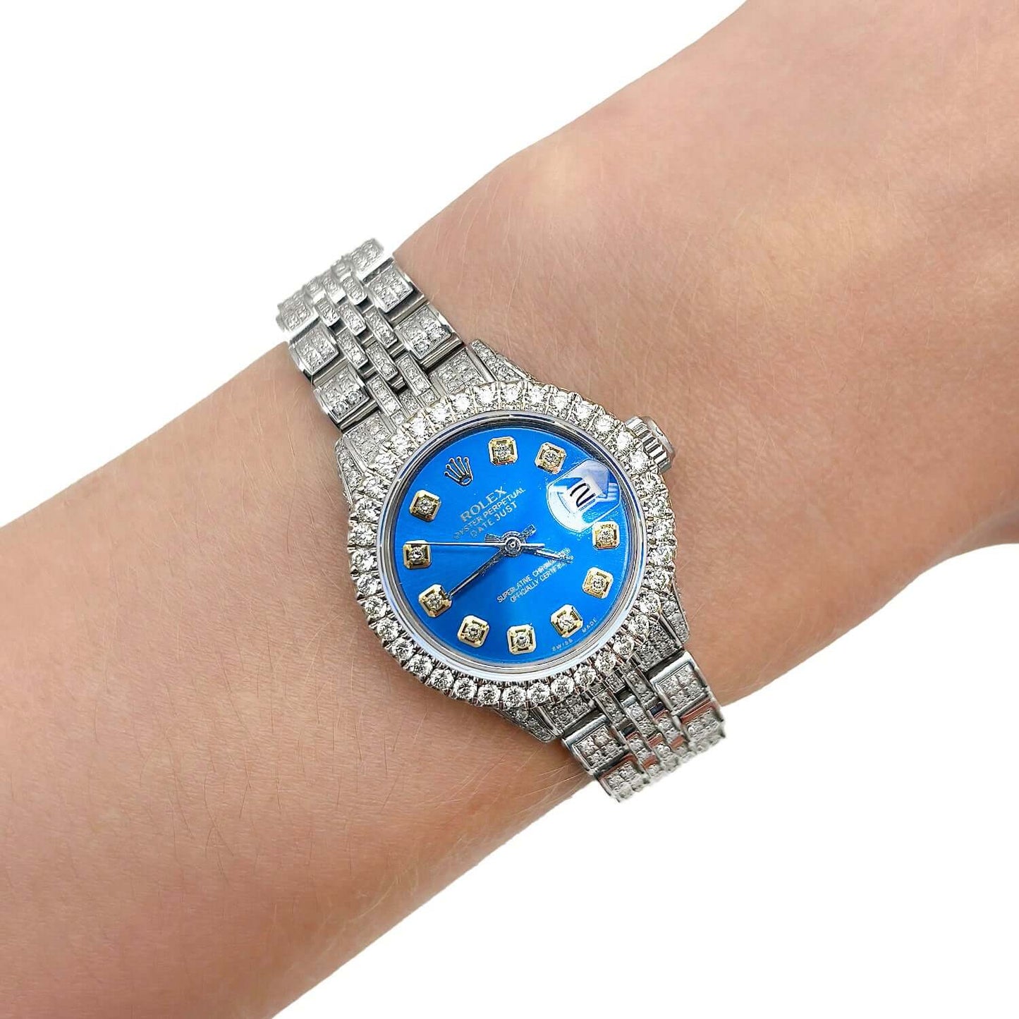 Rolex Datejust Diamond Pave Jubilee Band Diamond Bezel Sky Blue Dial 26mm Watch