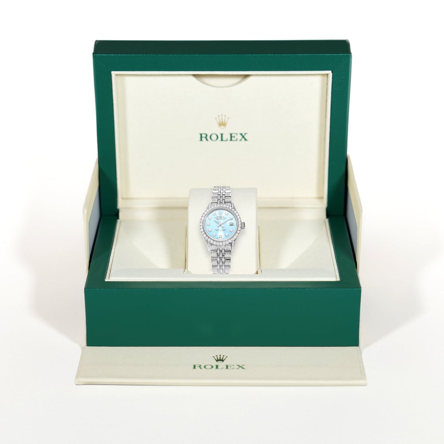 Rolex Datejust Pave Jubilee Band Diamond Bezel Light Blue Dial 26mm Watch