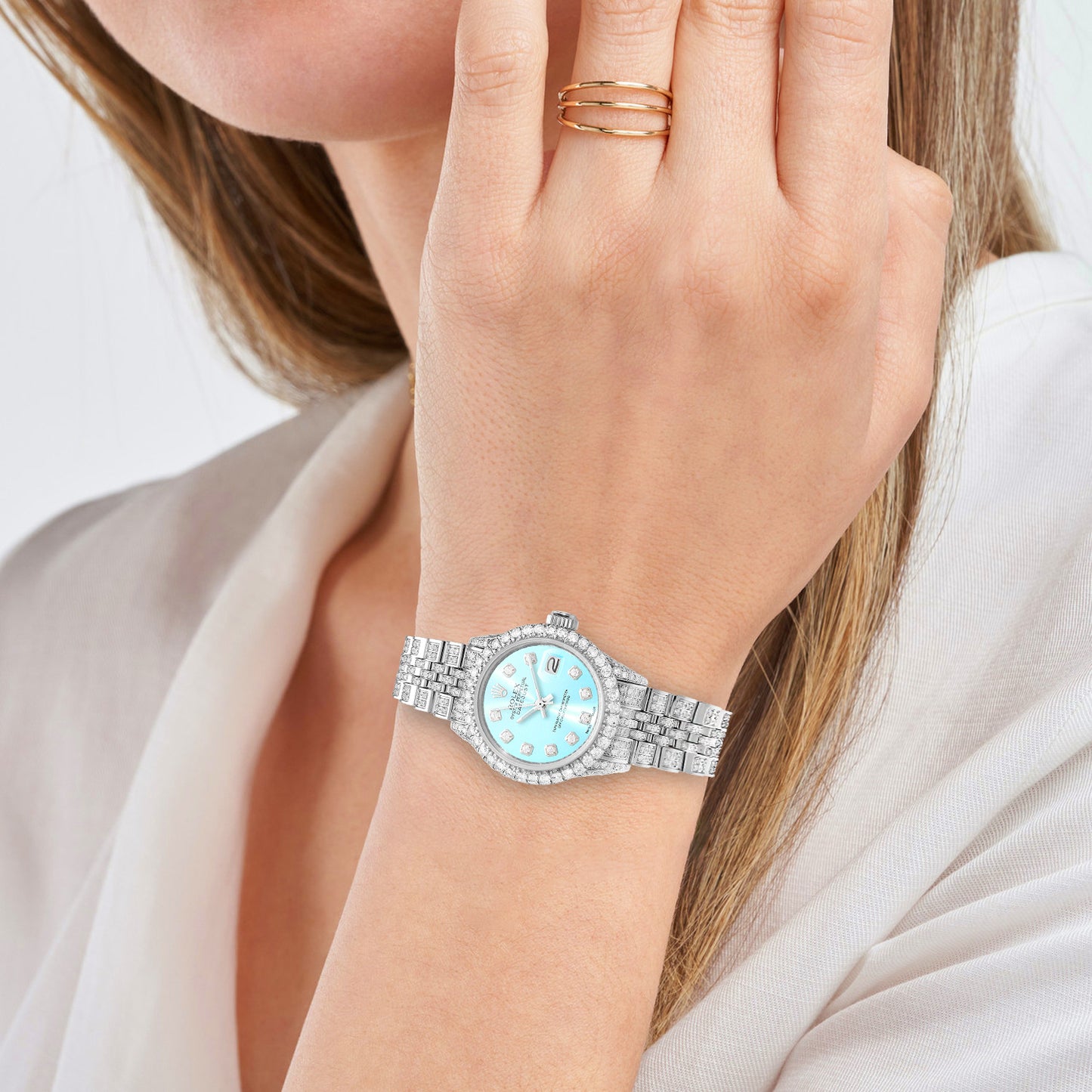 Rolex Datejust 26mm Pave Jubilee Band Diamond Bezel Light Blue Dial Watch