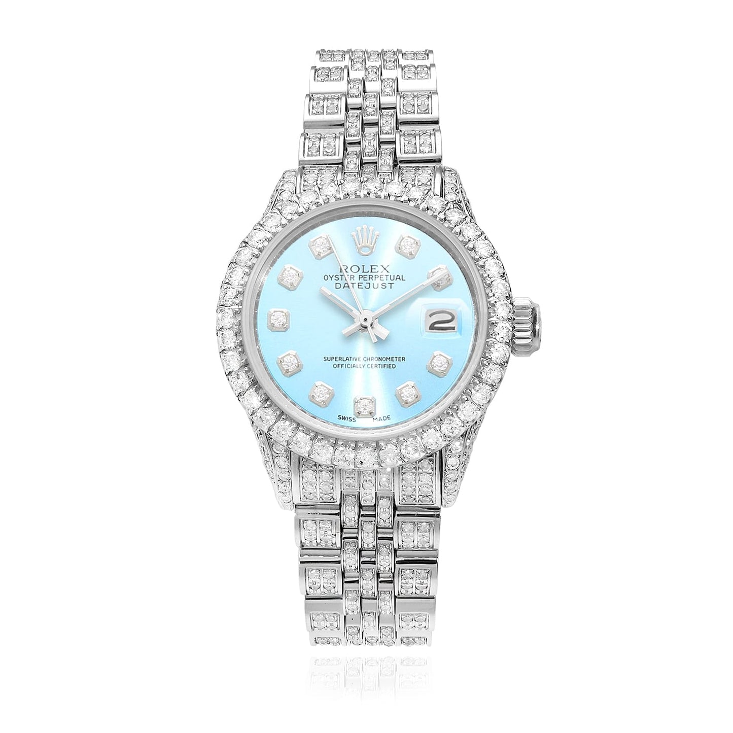 Rolex Datejust Pave Jubilee Band Diamond Bezel Light Blue Dial 26mm Watch