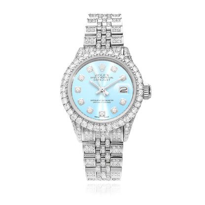 Rolex Datejust Pave Jubilee Band Diamond Bezel Light Blue Dial 26mm Watch